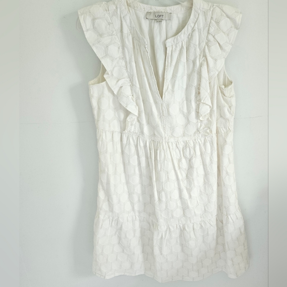 Loft White Sleeveless Dress With Gold Metallic Threads - Picture 2 of 7